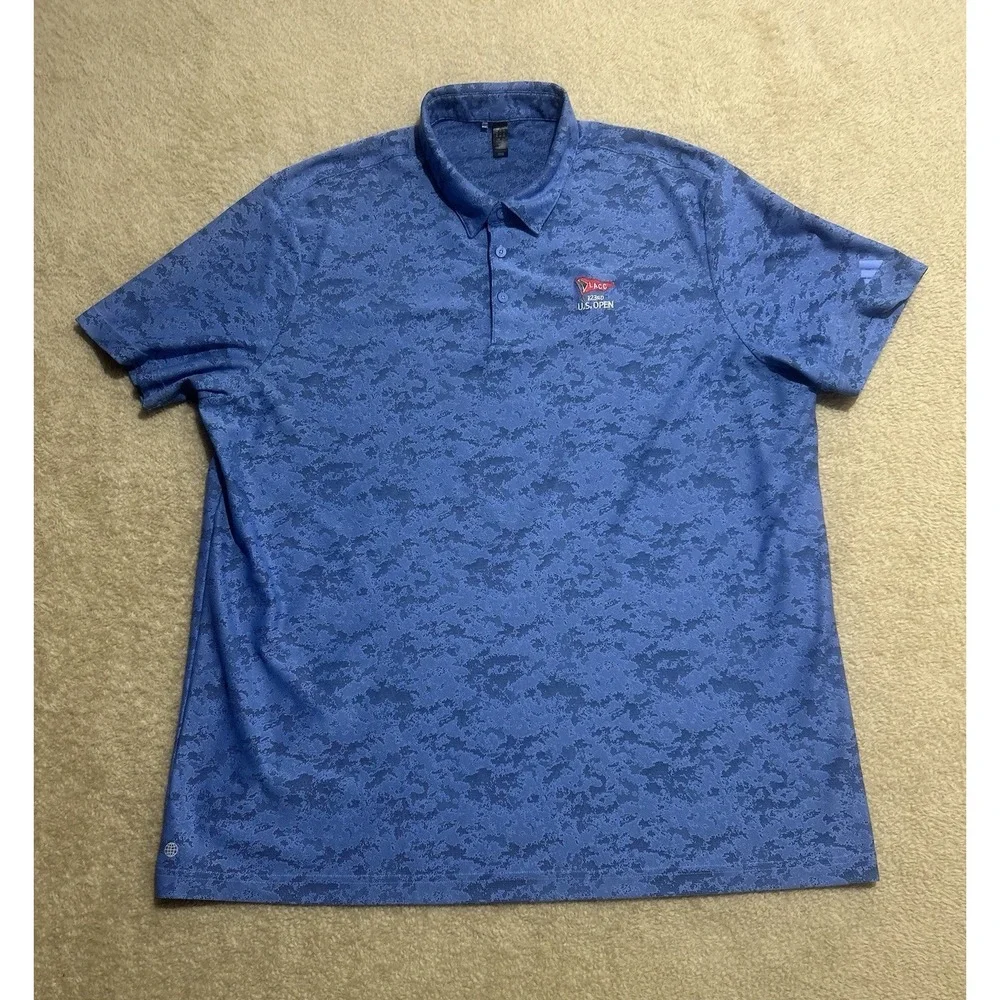 Adidas Polo Shirt Mens 2XL Blue Camo Golf Performance Logo US OPEN 123RD‎ Preppy